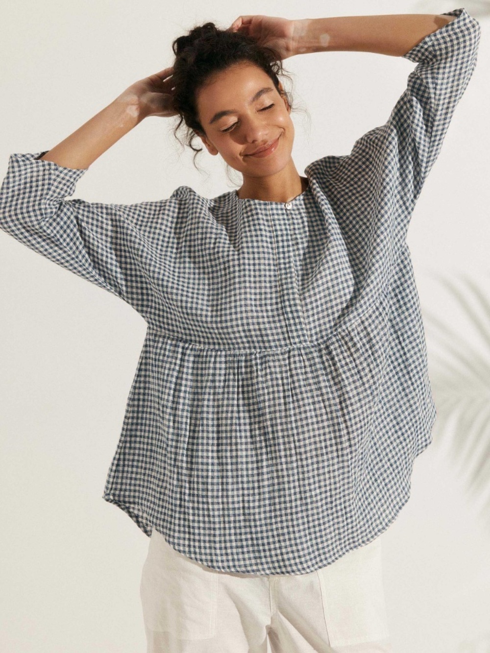 Lintico Long Sleeve Linen Blend Blue Gingham Top Women’s M NWT - Picture 3 of 7